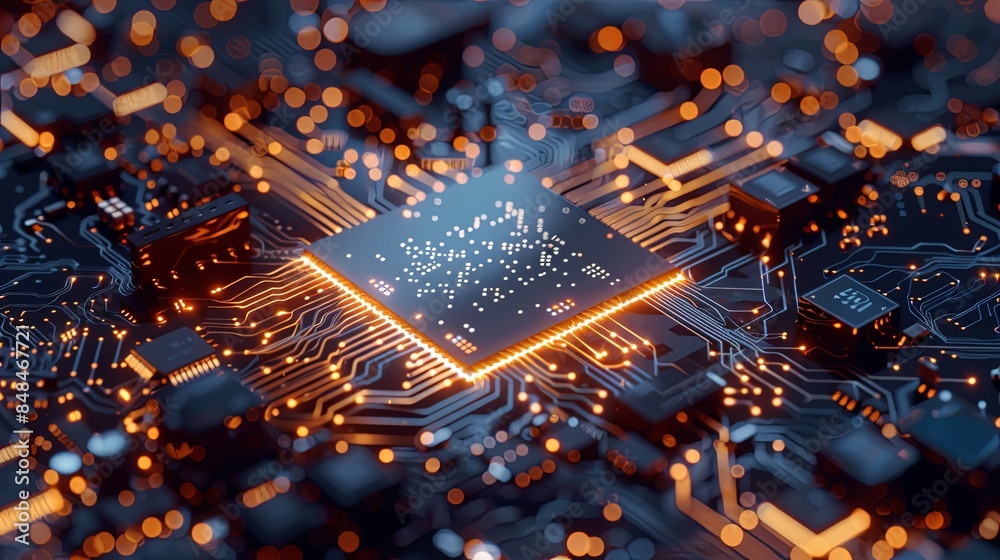 Leinwandbilder a close-up of a modern microprocessor or chip on a motherboard, surrounded by intricate digital data