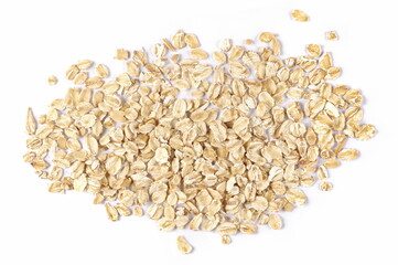 Oat flakes pile, cereal for breakfast isolated on white, top view