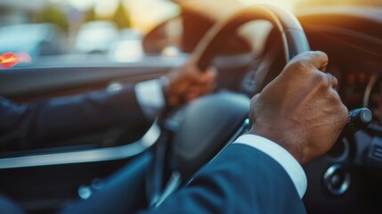 Naklejka premium close up of hands of a businessman driving her car, modern successful transportation