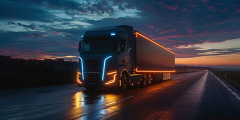A contemporary truck equipped with illuminated fixtures travels on a highway for logistics purposes, embodying the concepts of transportation, logistics, highway, truck, and illumination.