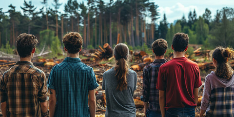 A group of environmental activists protesting against deforestation, backdrop of cut-down trees