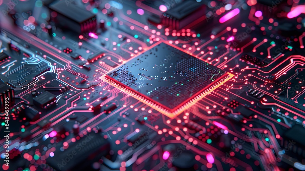 Poster A close-up image of a modern microprocessor on a motherboard, surrounded by intricate digital data streams and glowing light effects, symbolizing the processing power of AI. Generative AI
