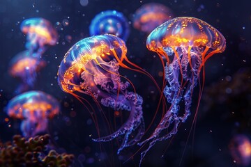 Beautiful glowing jellyfish in an underwater scene, showcasing vibrant colors and mesmerizing fluid movements in the ocean depths.