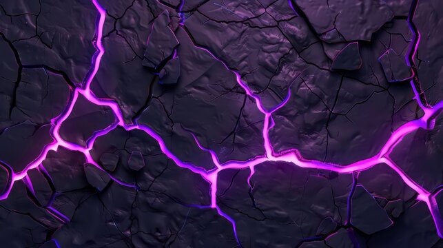 The top view of horizontal cracks in the ground with a purple glow inside. Modern cartoon texture of lightning or magic glow on a black background. Generative AI