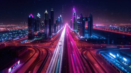 a modern city at night, featuring digital lines and data points connecting its skyline, symbolizing the concept of smart urbanism, in a wide aerial view.