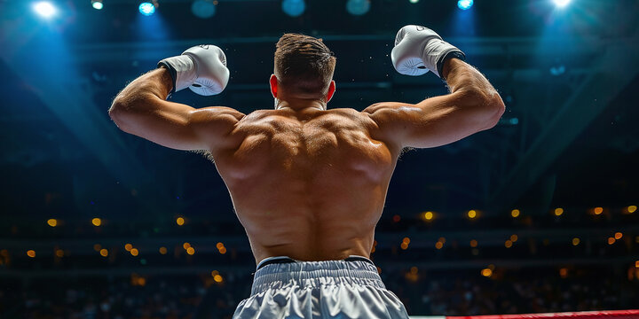 heavyweight boxer in white shorts celebrates victory by raising his arms up