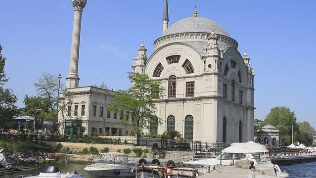 Dolmabahce Camii, Besiktas District in Istanbul. Historical mosque built by Bezmialem Valide Sultan, mother of Sultan Abdulmecid in 1853. Dolmabah&ccedil;e Mosque, Bosporus, Istanbul
