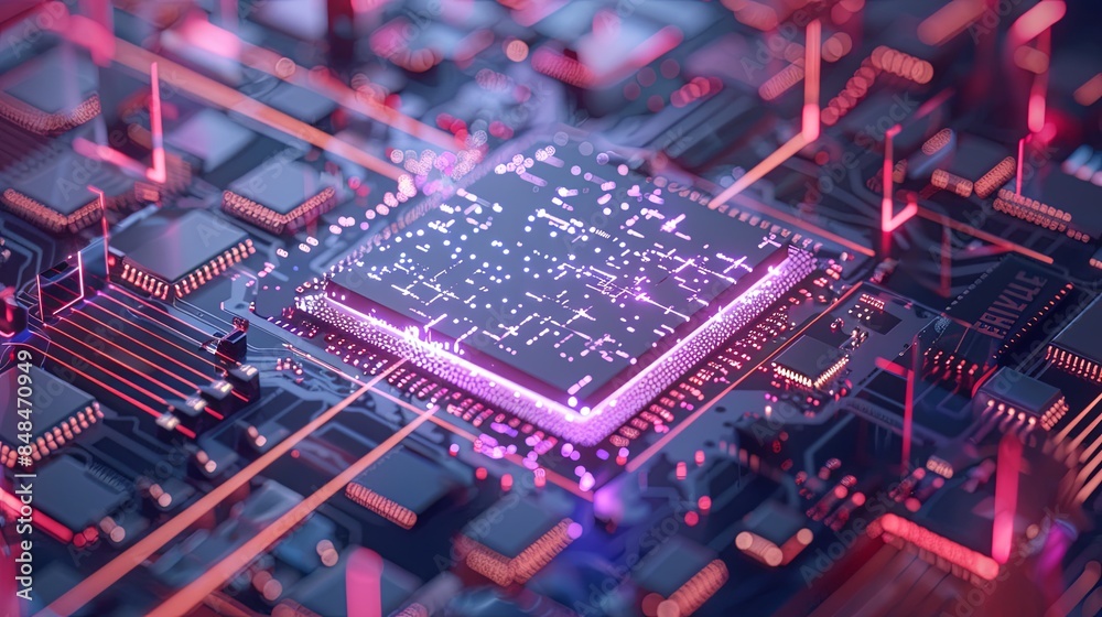 Poster a close-up image of a modern microprocessor on a motherboard, illuminated by glowing data streams, r