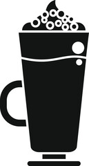 Black silhouette icon of a tall glass cup filled with a hot beverage and topped with whipped cream