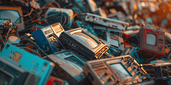 Blurred image shows discarded electronics in a waste heap, highlighting e-waste recycling's importance. Concept: Electronics Disposal, Environmental Impact