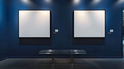 Two white square frames on a midnight blue wall, soft museum ambient lights, and a contemporary glass bench.