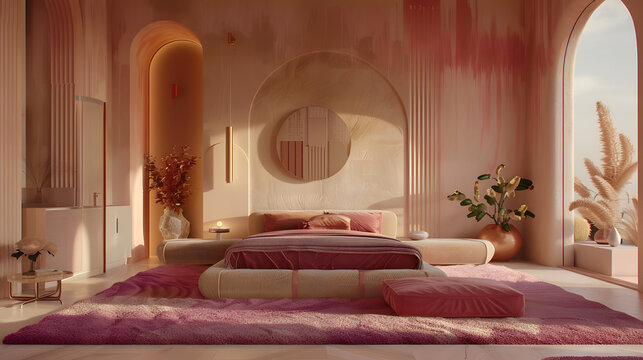 an elegant bedroom designed in a pink and beige scheme