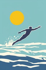 a man is jumping into the ocean with a surfboard