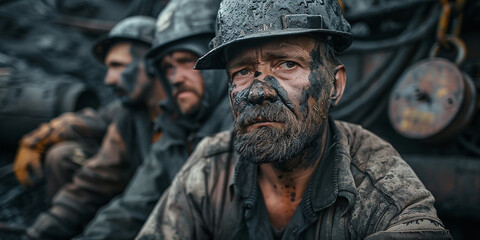 A group of coal miners resting after a long shift, covered in soot, sharing stories and meals in a makeshift canteen