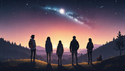 AI-generated artwork depicting a group of friends enjoying a starlit night in a remote wilderness