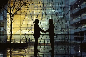 two people shaking hands in front a building