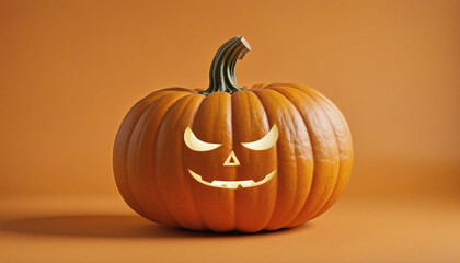 Festive Halloween pumpkin with a smiling face set against an orange background, perfect for creating seasonally themed party invitations and banners