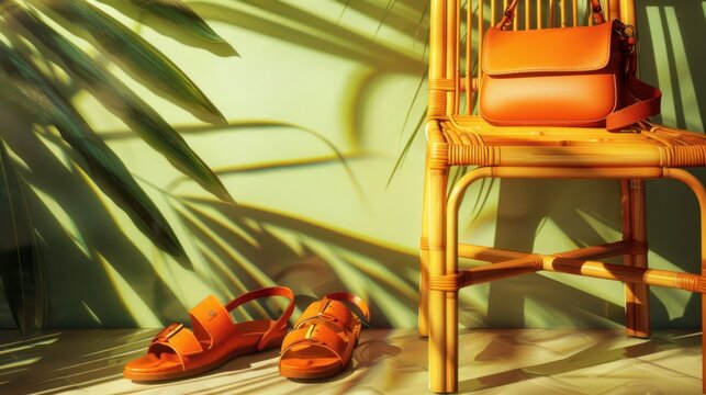 a pair shoes and a chair next to a palm tree