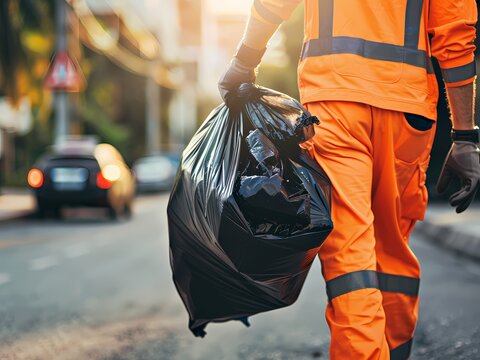 AI-Generated image of A man in an orange vest is holding a black trash bag. He is walking down the street