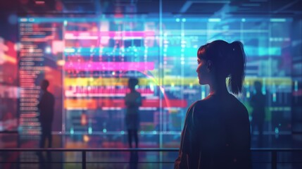 Silhouette of a person standing before a vibrant digital display, capturing the essence of modern technology and futuristic concepts.