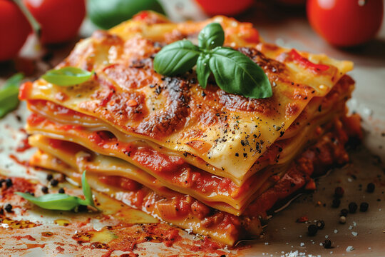 Close-up of a delicious homemade vegetarian lasagna garnished with fresh basil, showcasing layers of pasta, rich tomato sauce, and melted cheese, perfect for celebrating National Lasagna Day