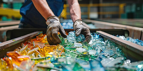 Glass recycling workshop: sorting broken glass by color while maintaining safety protocols