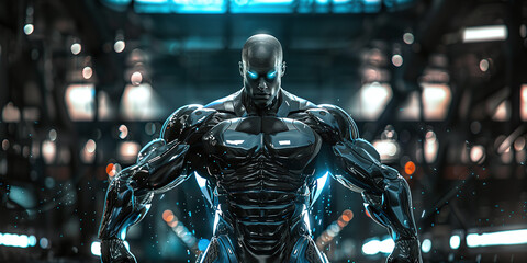 Futuristic Man with Enhanced Muscles Powered by Sports Nutrition and Advanced Technology