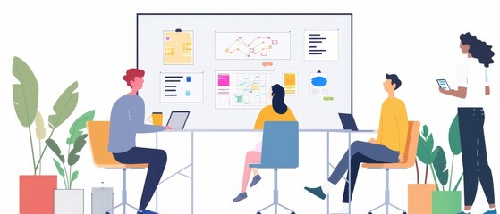 Team collaborating on a project with a whiteboard in a modern office environment. Engaging in brainstorming and discussion for innovative ideas.