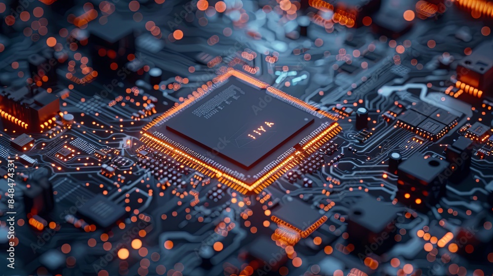 Poster a close-up image of a modern microprocessor chip on a motherboard, surrounded by glowing data stream