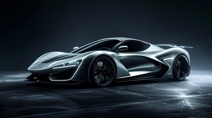Automotive Photography, Sleek Light Gray Hypercar with Aerodynamic Design on a Dark Background