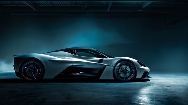 Automotive Photography, Sleek Light Gray Hypercar with Aerodynamic Design on a Dark Background