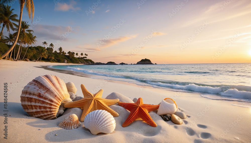 Wall mural Tranquil Beachscape with Palm Trees and Sunset on the Horizon depicting the essence of a serene summer holiday by the sea