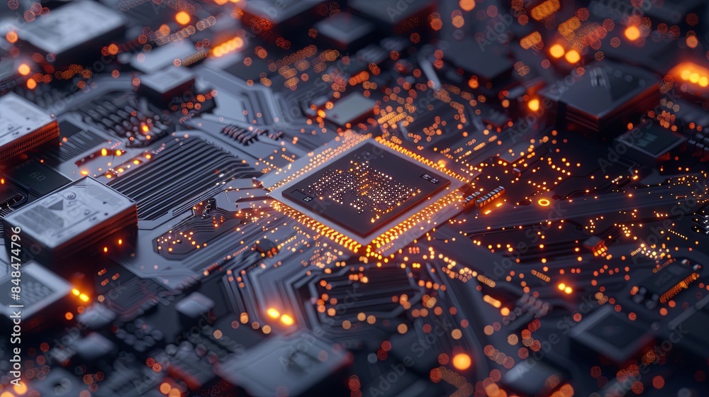 Poster a close-up shot of a modern microprocessor on a motherboard, with intricate digital data streams and