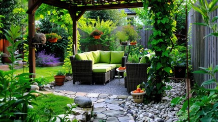 A cozy wicker patio with green cushions is located under the backyard gazebo, surrounded by lush trees and flowers. The garden is filled with various plants that add color to the space.