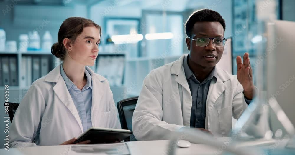 Poster Science, team and discussion on computer in laboratory for training on data analysis and pharmaceutical research. Scientist, intern and future knowledge on medical problem solving or medicine support