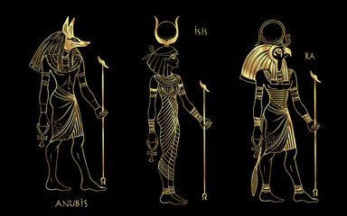 Ra, Isis, Anubis, Egyptioan gods. Hand-drawn vintage vector outline illustration in gold over black. sacred wall art logo design. Symbol of the ancient Egypt.