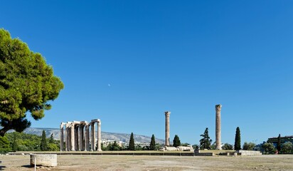 View of the columns of the Athens. In the background rises the mountains. Greece.