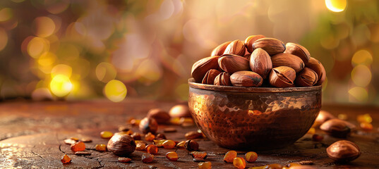 argan oil pouring over argan seeds, copy space.Natural skin care and beauty products concept