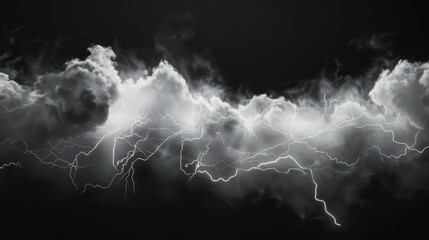 Translucent fog overlay texture with a black thunder light glow background. Smoke cloud, voltage spark, and thunderbolt design in 3d. Generative AI