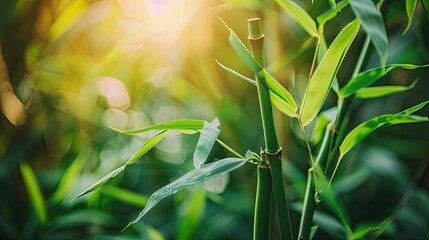 Bamboo, green bamboo shoots, close-up of leaves and stilts, sunlight penetrating through the forest onto several tall and slender thick trunks