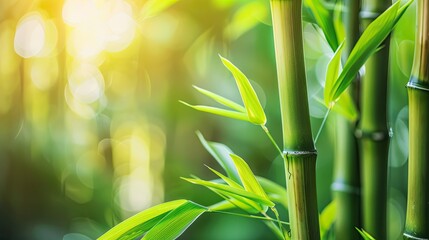 Bamboo, green bamboo shoots, close-up of leaves and stilts, sunlight penetrating through the forest onto several tall and slender thick trunks