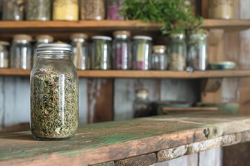 Upcycled container made from a mason jar for storing dried herbs Rustic kitchen with wooden shelves