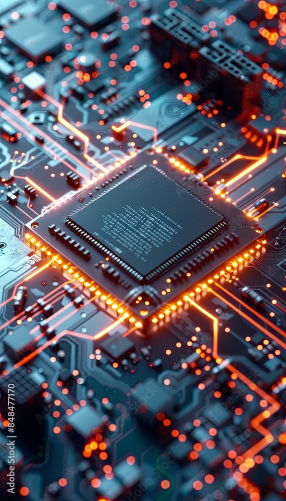 Poster close-up of a modern microprocessor on a motherboard, surrounded by intricate digital data streams a