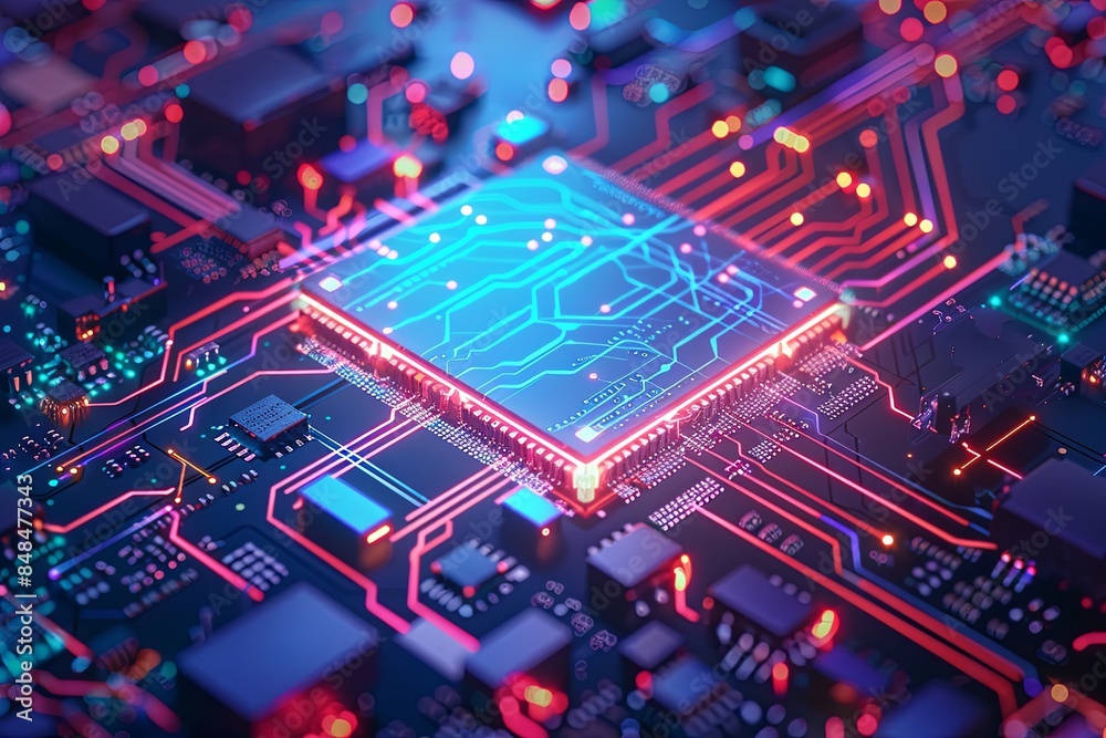 Leinwandbilder a digital rendering of a modern microprocessor or chip on a motherboard, surrounded by glowing light