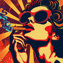 Vintage Art Comic Style Illustration of a Woman Smoking a Cigar