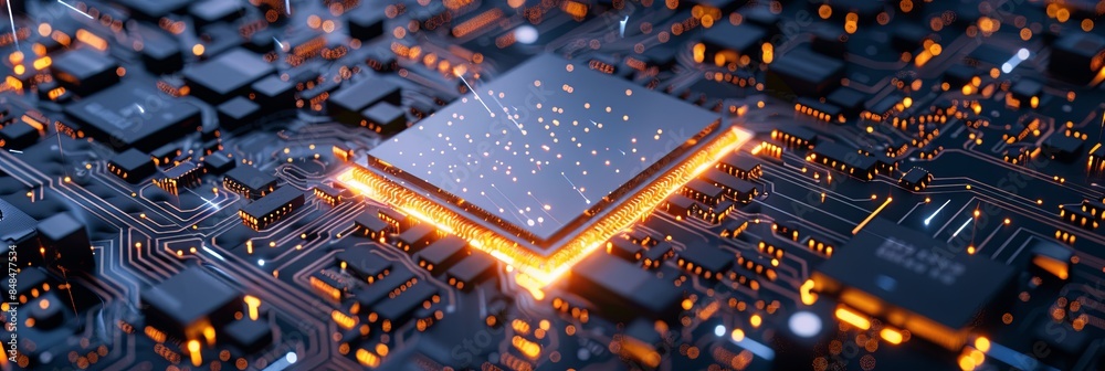 Poster a close-up image of a modern microprocessor on a motherboard, surrounded by intricate digital data s