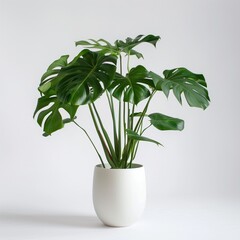 Monstera deliciosa in a modern looking vase on a white background