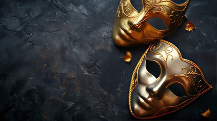 Two metallic gold masquerade masks on black stage background with copy space. Carnival or Masquerade, masks for theater dramatic life concept. Generative AI