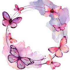 Watercolor illustration of butterflies around the edge of an empty circle 