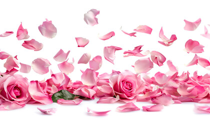 Fototapeta premium Fresh flying pink petals of rose and leaves isolated on white